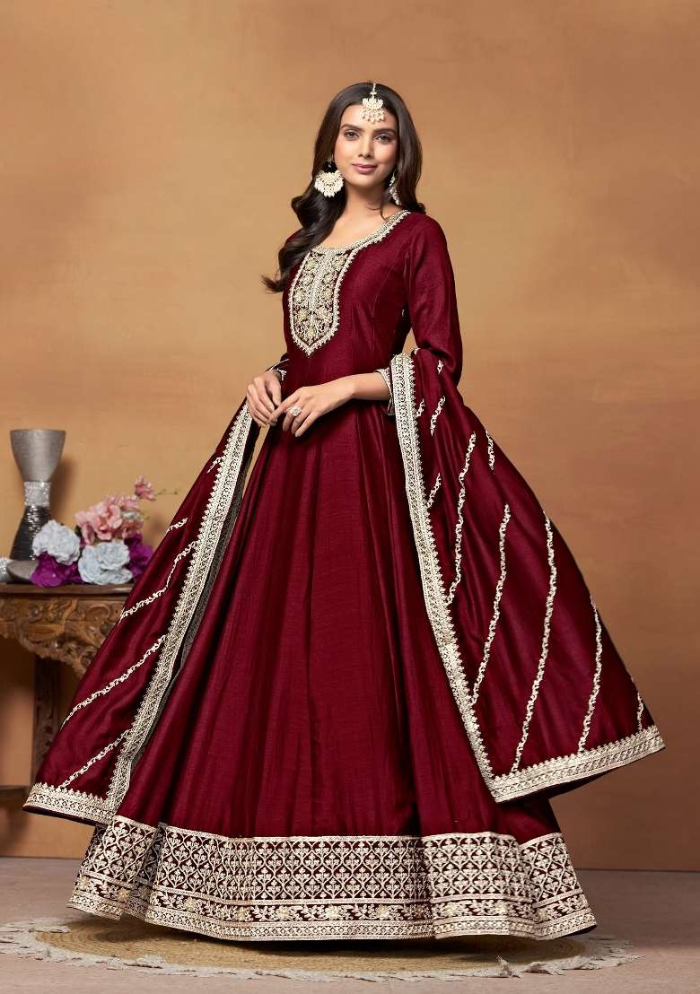 Maroon Embroidered Silk Blend Anarkali Set - Indya