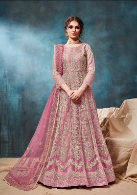 Pink Embroidered Net Anarkali Set
