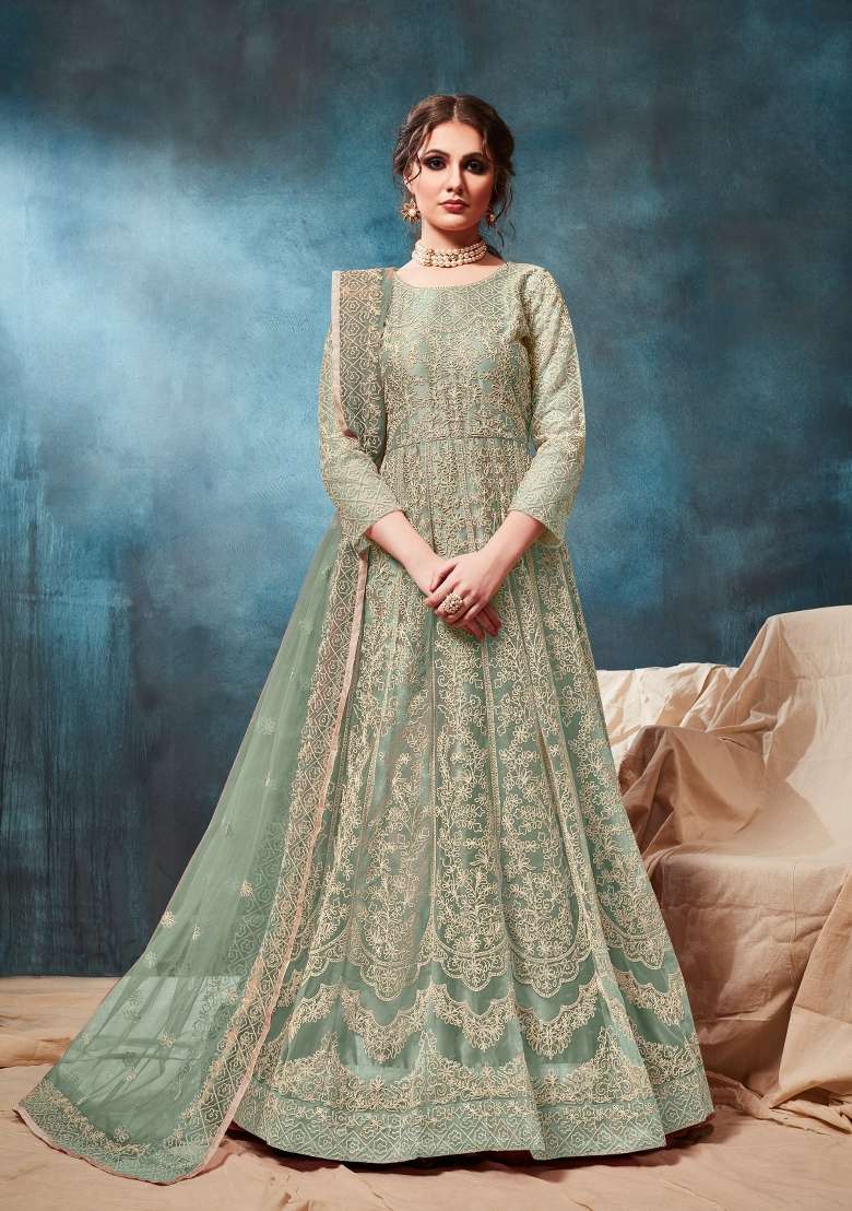 Light Green Embroidered Net Anarkali Set - Indya