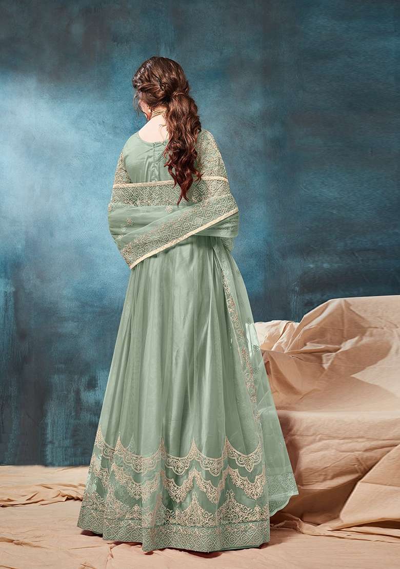 Light Green Embroidered Net Anarkali Set - Indya