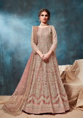 Peach Embroidered Net Anarkali Set