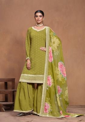 Green Embroidered Silk Blend Salwar Kameez