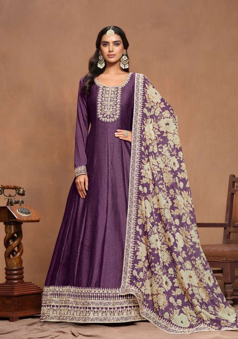 Purple Embroidered Silk Blend Salwar Kameez - Indya