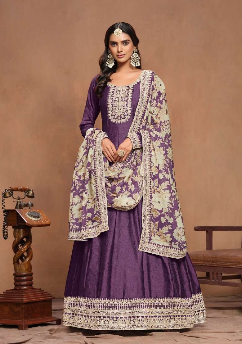 Purple Embroidered Silk Blend Salwar Kameez - Indya