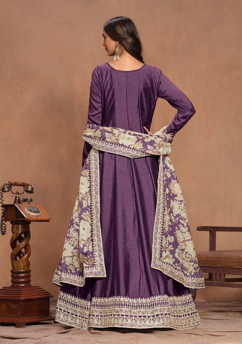 Purple Embroidered Silk Blend Salwar Kameez - Indya