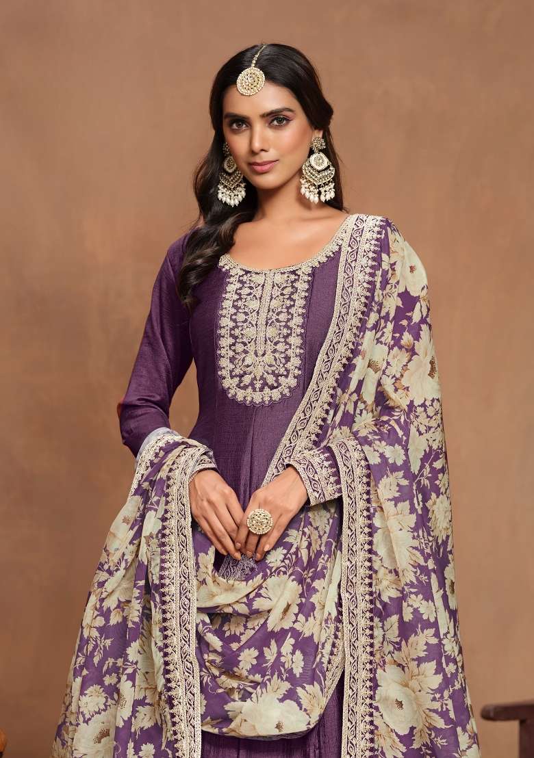 Purple Embroidered Silk Blend Salwar Kameez - Indya