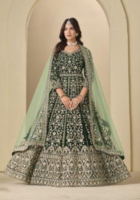 Dark Green Embroidered Velvet Anarkali Set