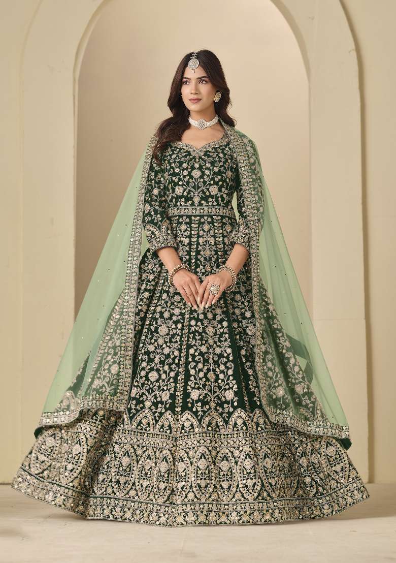 Dark Green Embroidered Velvet Anarkali Set - Indya
