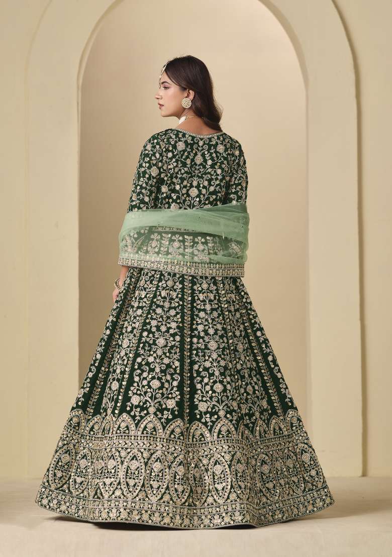 Dark Green Embroidered Velvet Anarkali Set - Indya