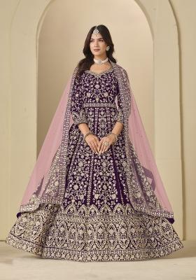 Purple Embroidered Velvet Anarkali Set