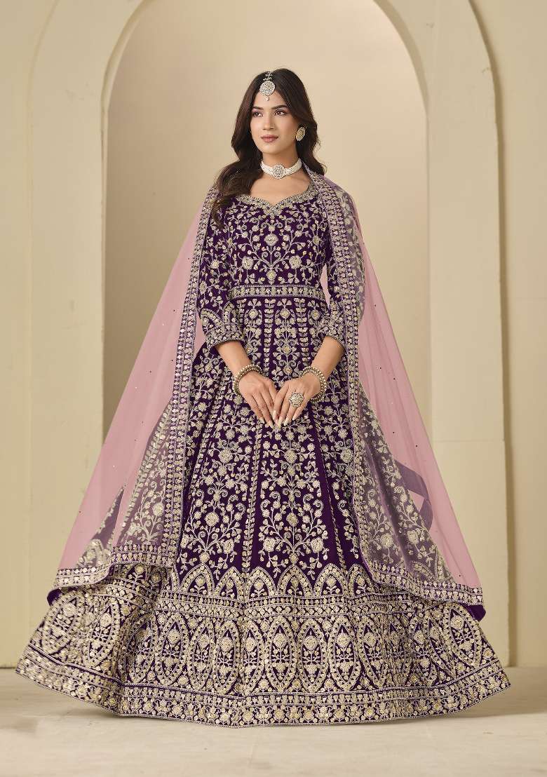 Purple Embroidered Velvet Anarkali Set - Indya