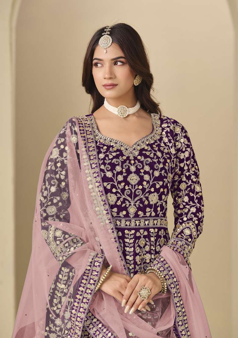 Purple Embroidered Velvet Anarkali Set - Indya