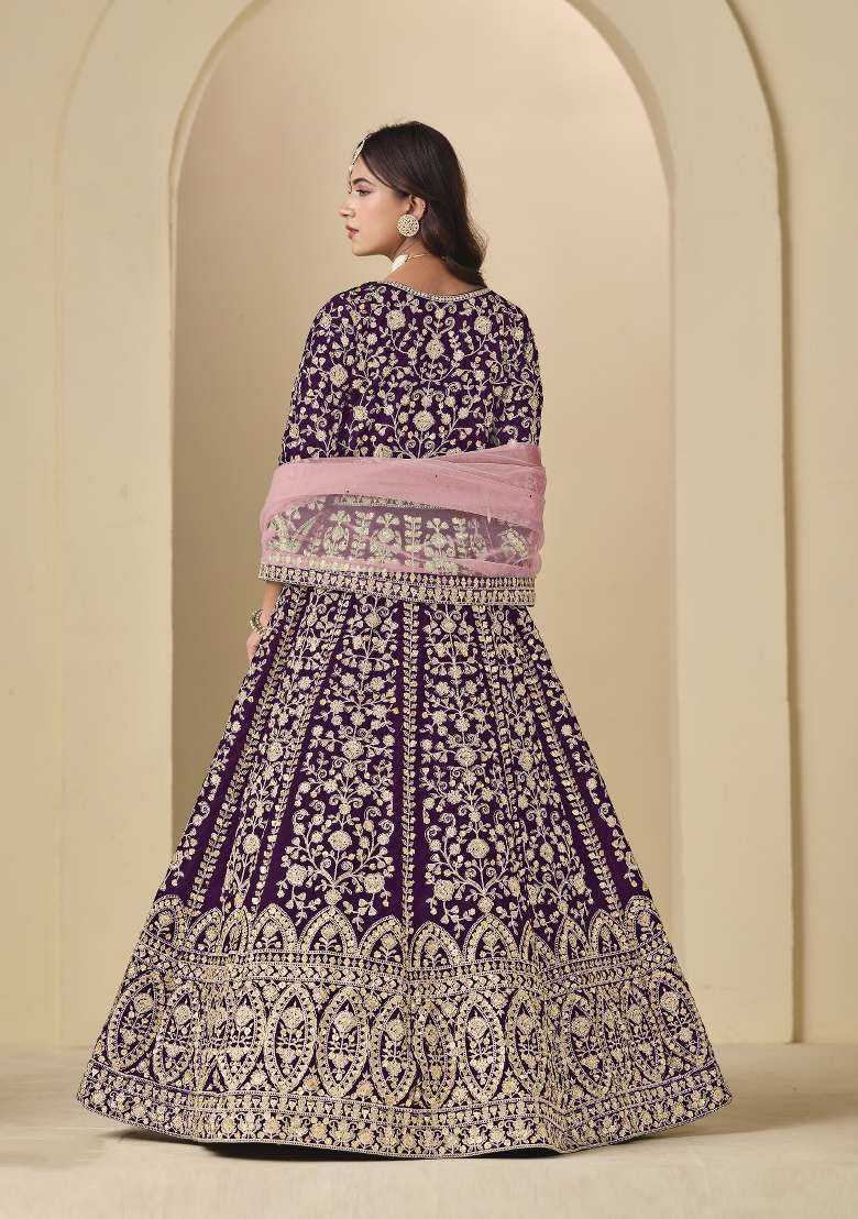 Purple Embroidered Velvet Anarkali Set - Indya