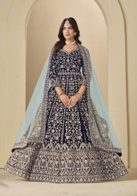 Navy Blue Embroidered Velvet Anarkali Set
