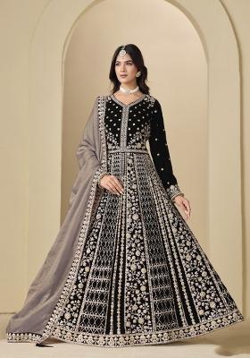 Black Embroidered Velvet Anarkali Set