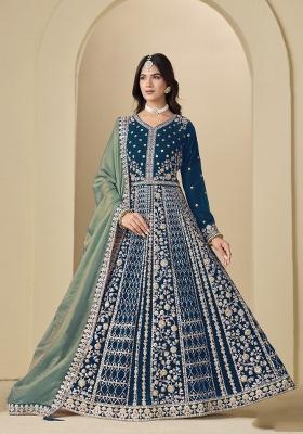 Teal Blue Embroidered Velvet Anarkali Set