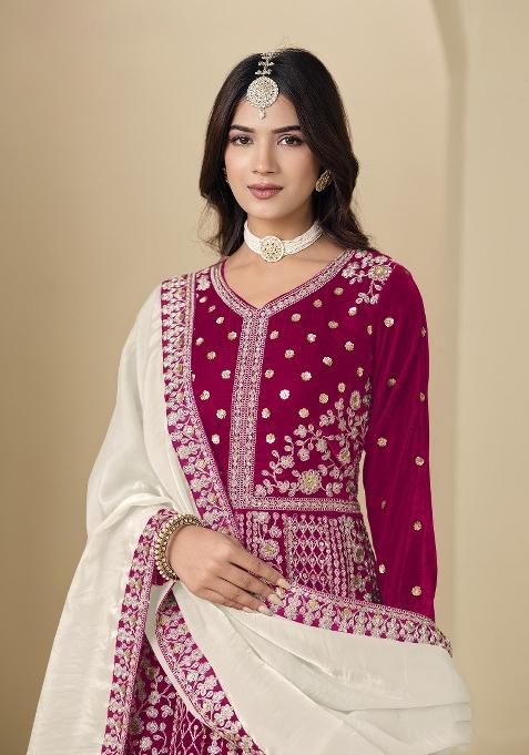 Magenta Embroidered Velvet Anarkali Set
