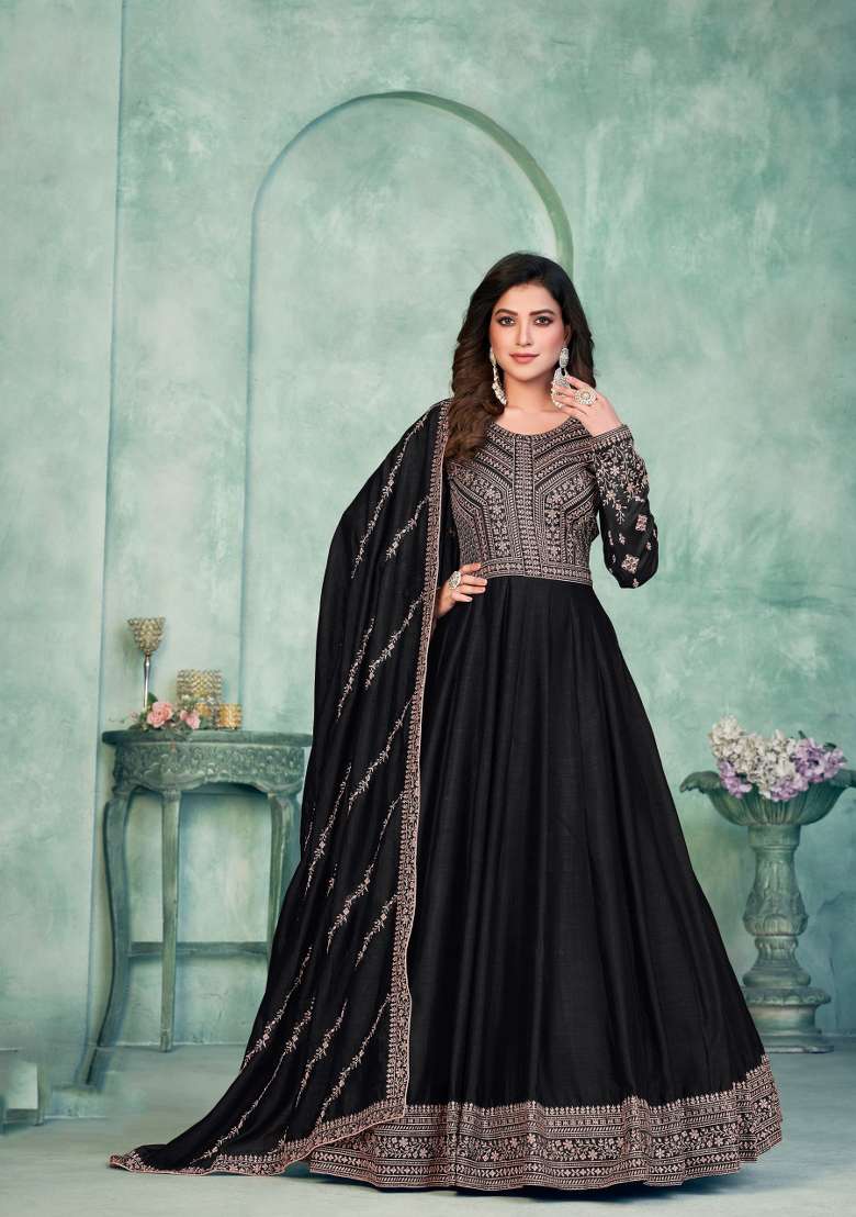 Black Embroidered Silk Blend Anarkali Set - Indya