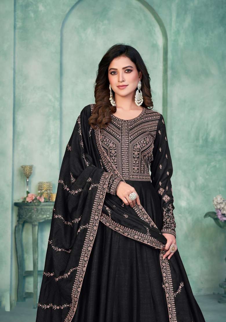Black Embroidered Silk Blend Anarkali Set - Indya