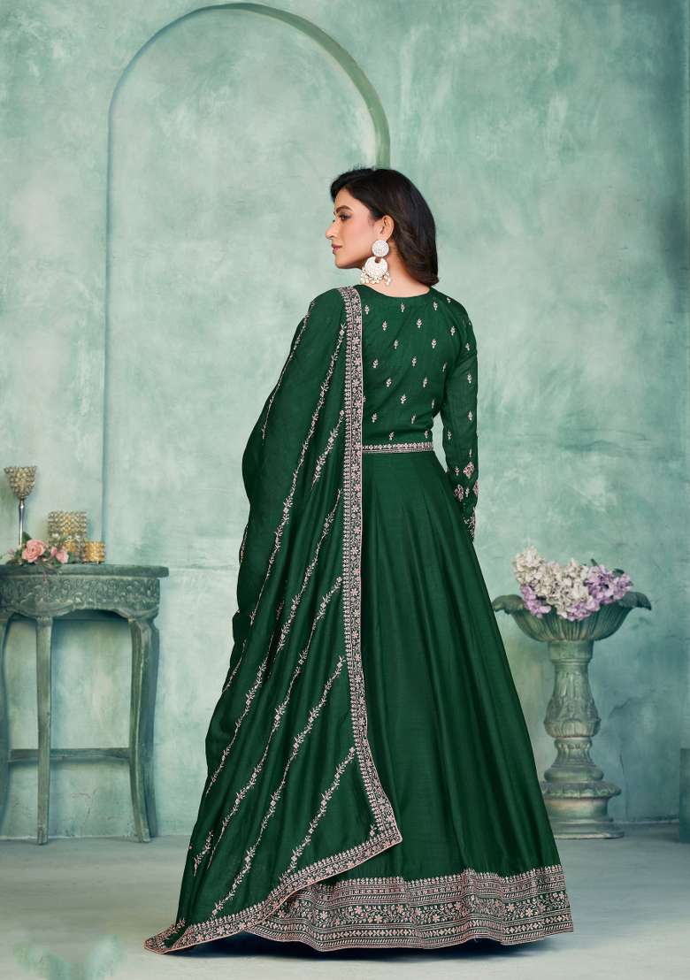 Green Embroidered Silk Blend Anarkali Set - Indya