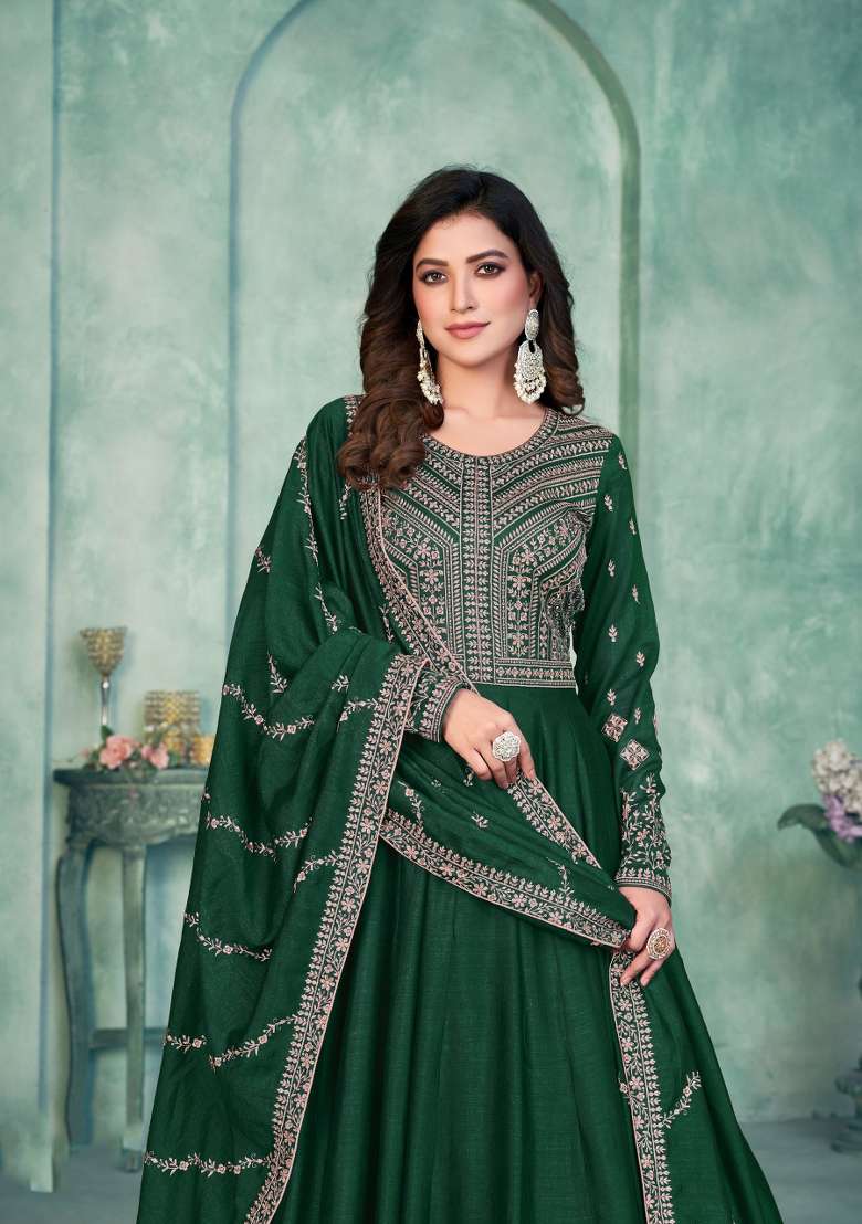 Green Embroidered Silk Blend Anarkali Set - Indya