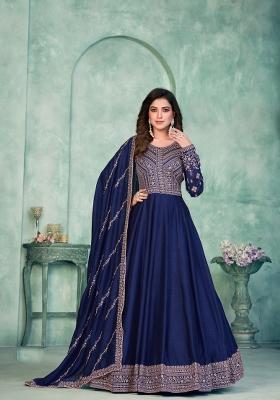 Navy Blue Embroidered Silk Anarkali Set