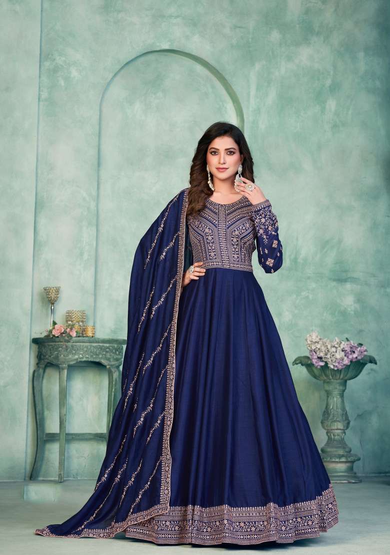 Navy Blue Embroidered Silk Blend Anarkali Set - Indya