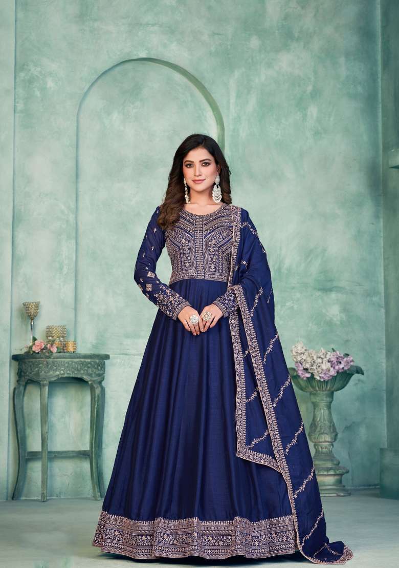 Navy Blue Embroidered Silk Blend Anarkali Set - Indya