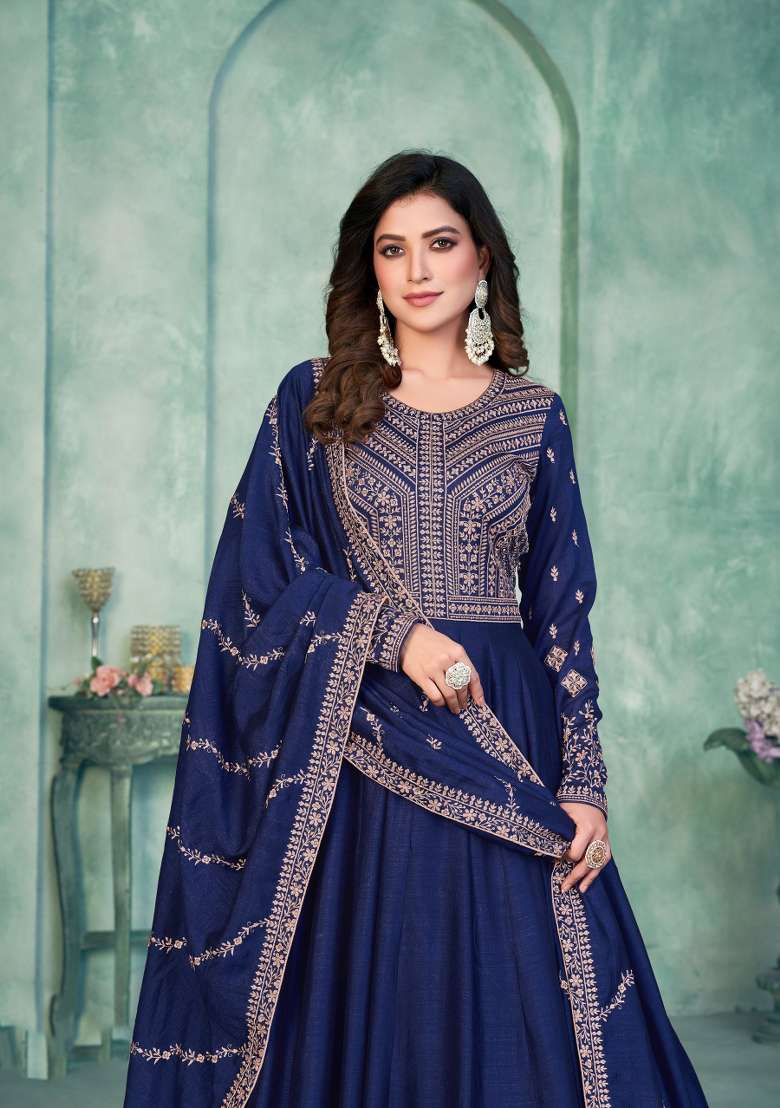 Navy Blue Embroidered Silk Blend Anarkali Set - Indya