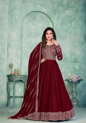 Maroon Embroidered Silk Anarkali Set