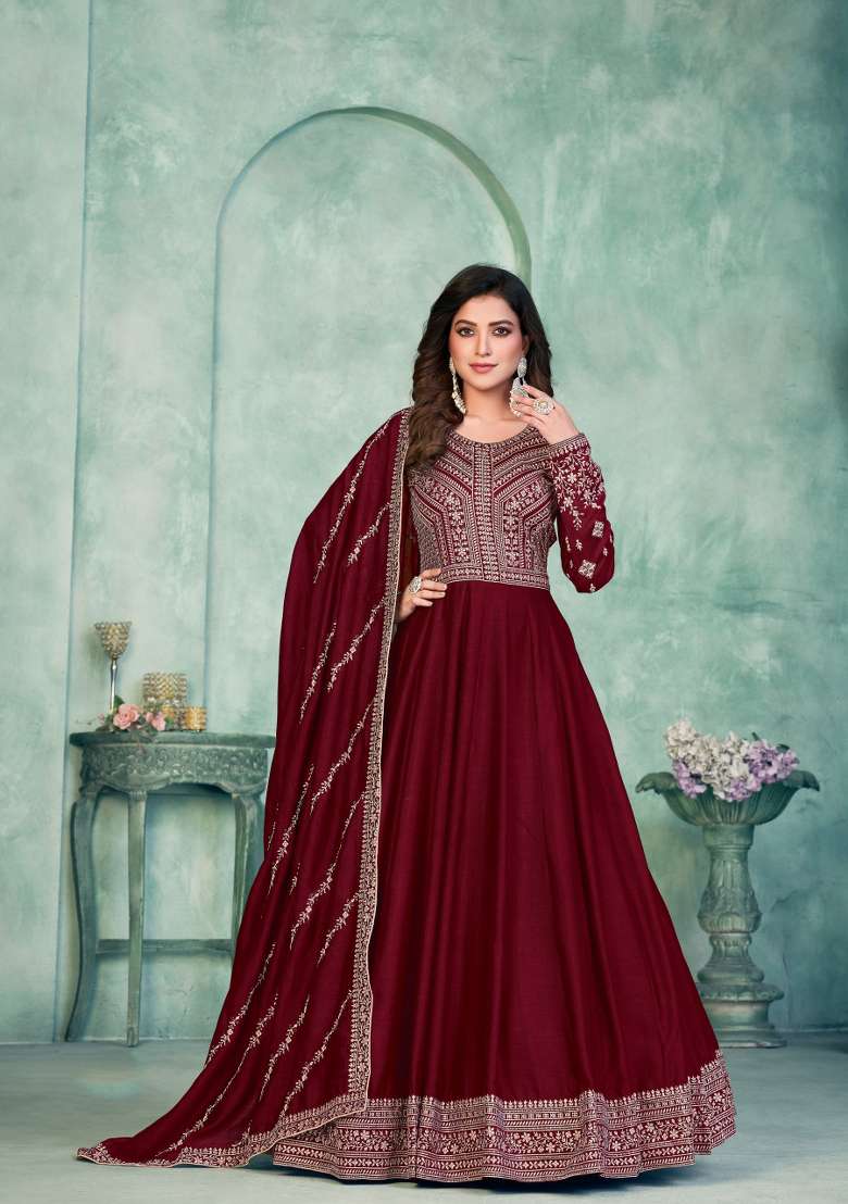 Maroon Embroidered Silk Blend Anarkali Set - Indya