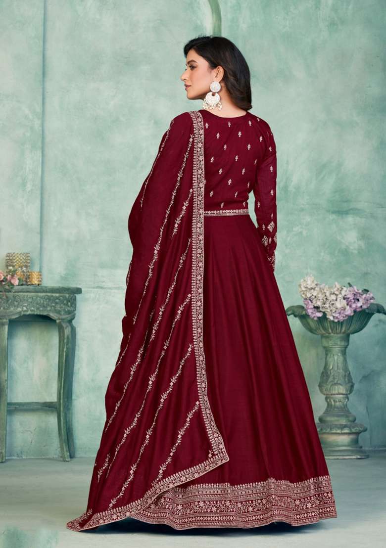 Maroon Embroidered Silk Blend Anarkali Set - Indya