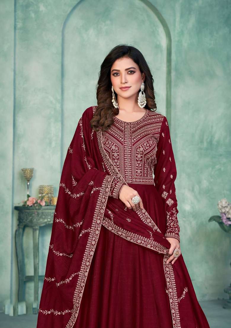 Maroon Embroidered Silk Blend Anarkali Set - Indya