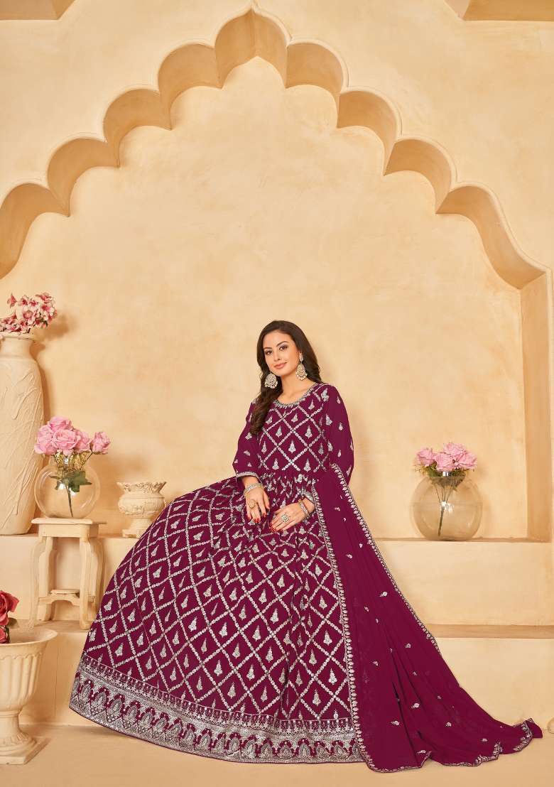 Purple Embroidered Georgette Anarkali Set - Indya