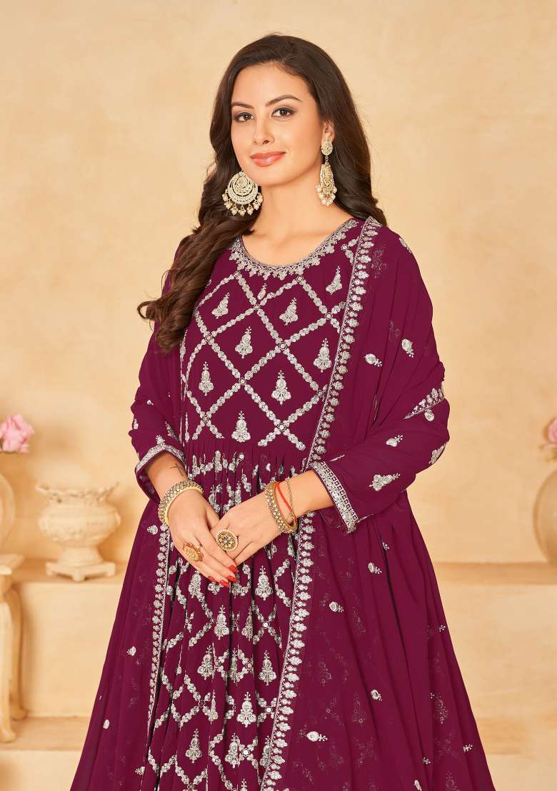 Purple Embroidered Georgette Anarkali Set - Indya