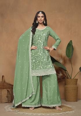 Green Embroidered Silk Blend Salwar Kameez