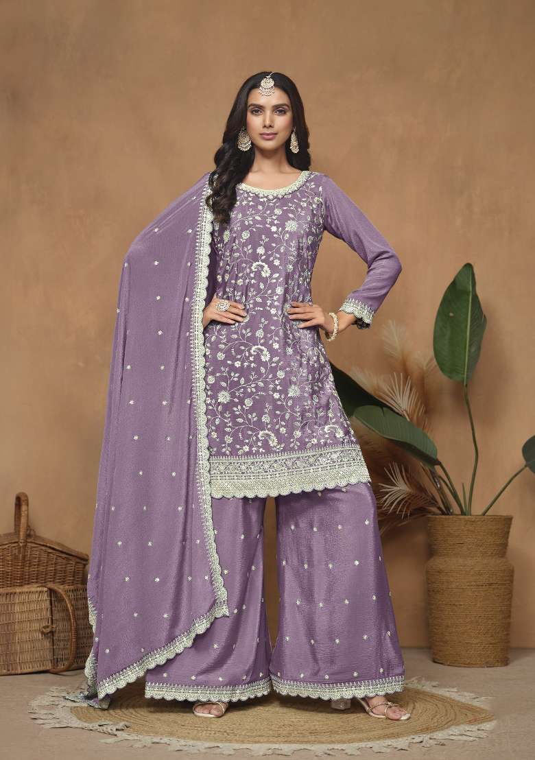 Lavender Embroidered Silk Blend Salwar Kameez - Indya