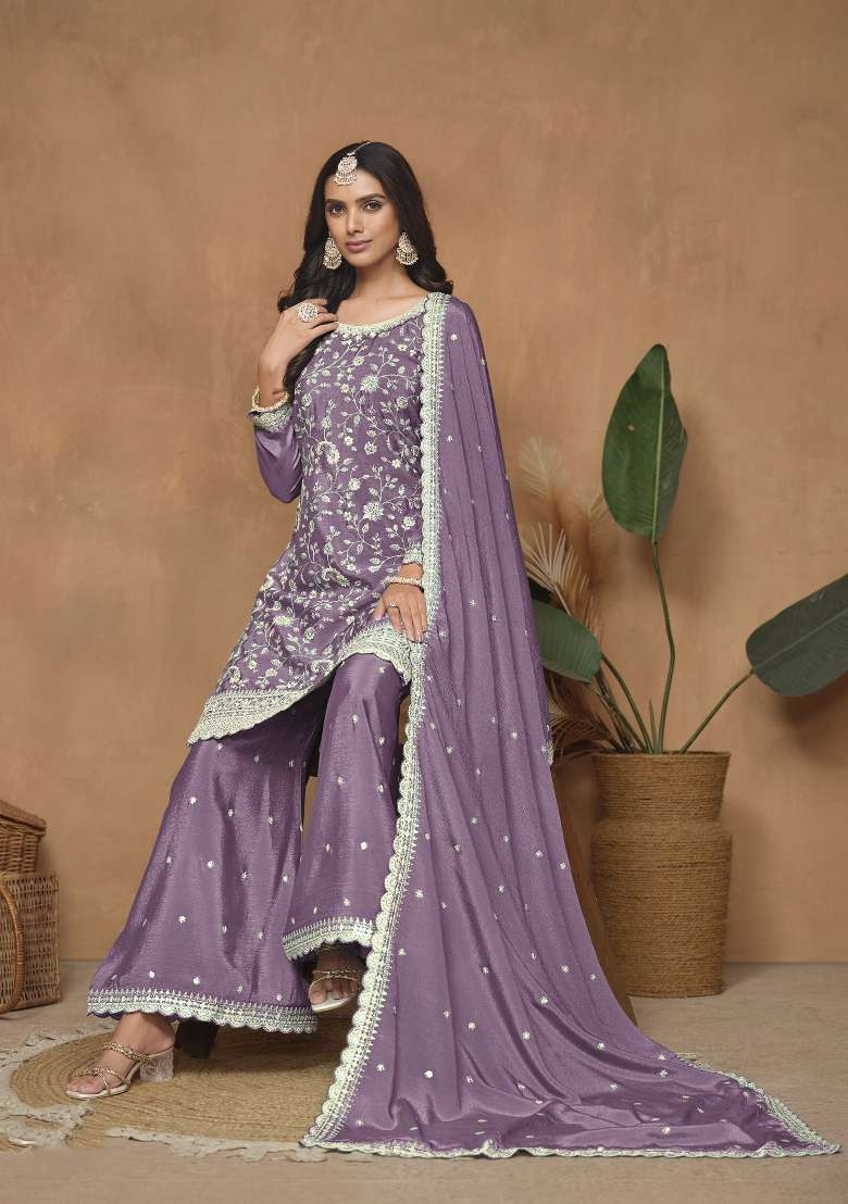 Lavender Embroidered Silk Blend Salwar Kameez - Indya