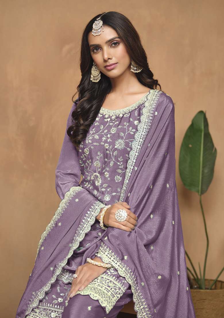 Lavender Embroidered Silk Blend Salwar Kameez - Indya