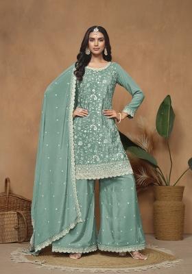 Aqua Blue Embroidered Silk Blend Salwar Kameez