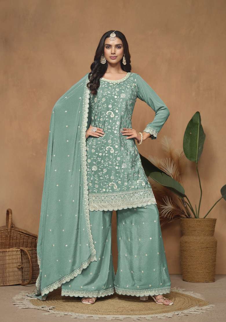 Aqua Blue Embroidered Silk Blend Salwar Kameez - Indya