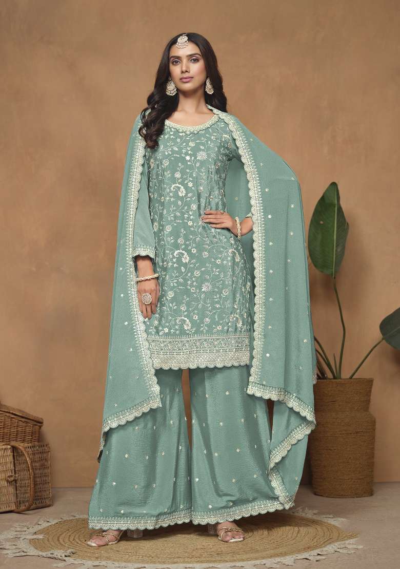 Aqua Blue Embroidered Silk Blend Salwar Kameez - Indya
