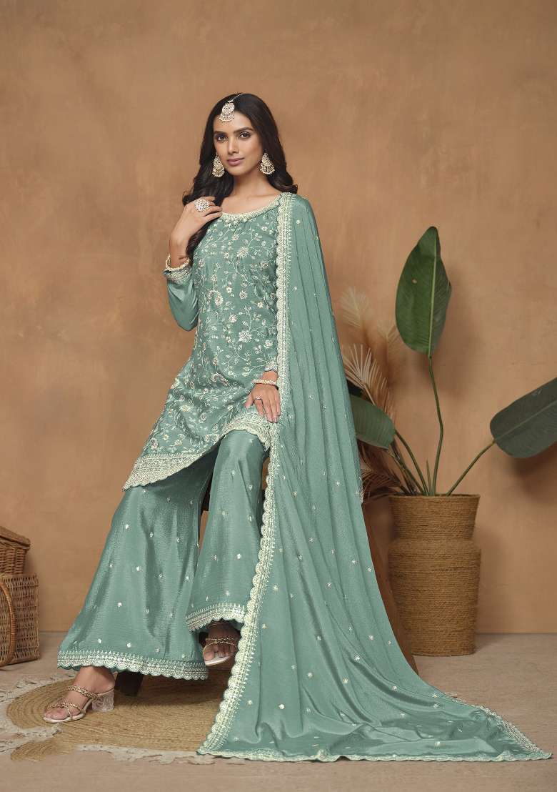 Aqua Blue Embroidered Silk Blend Salwar Kameez - Indya