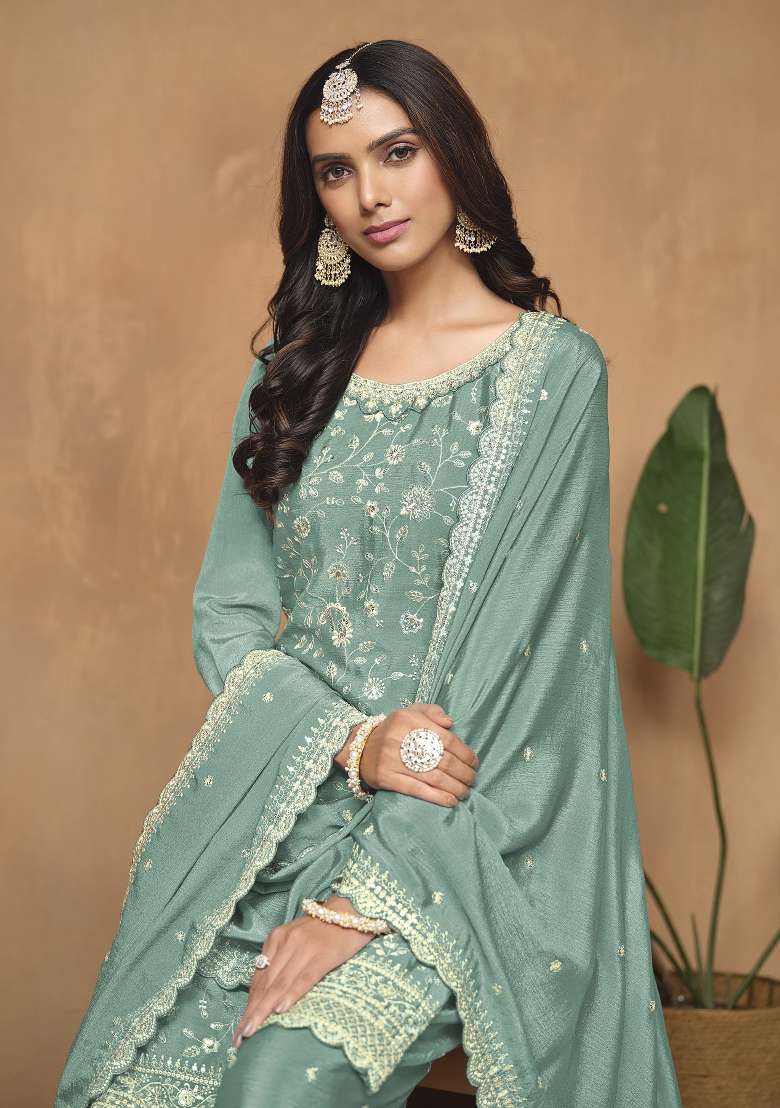 Aqua Blue Embroidered Silk Blend Salwar Kameez - Indya