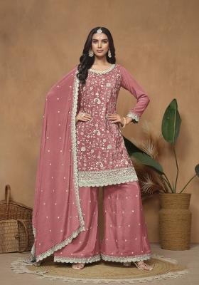 Peach Embroidered Silk Salwar Kameez