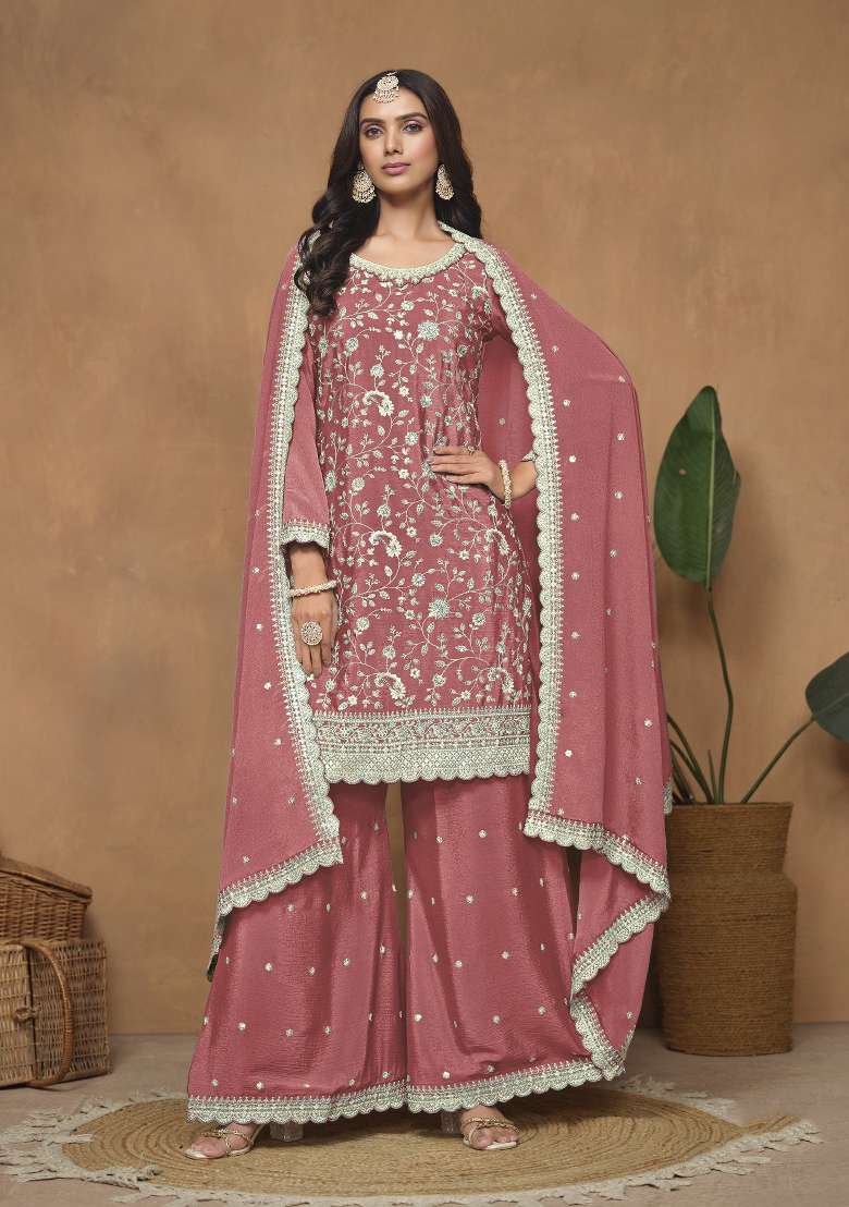 Peach Embroidered Silk Blend Salwar Kameez - Indya