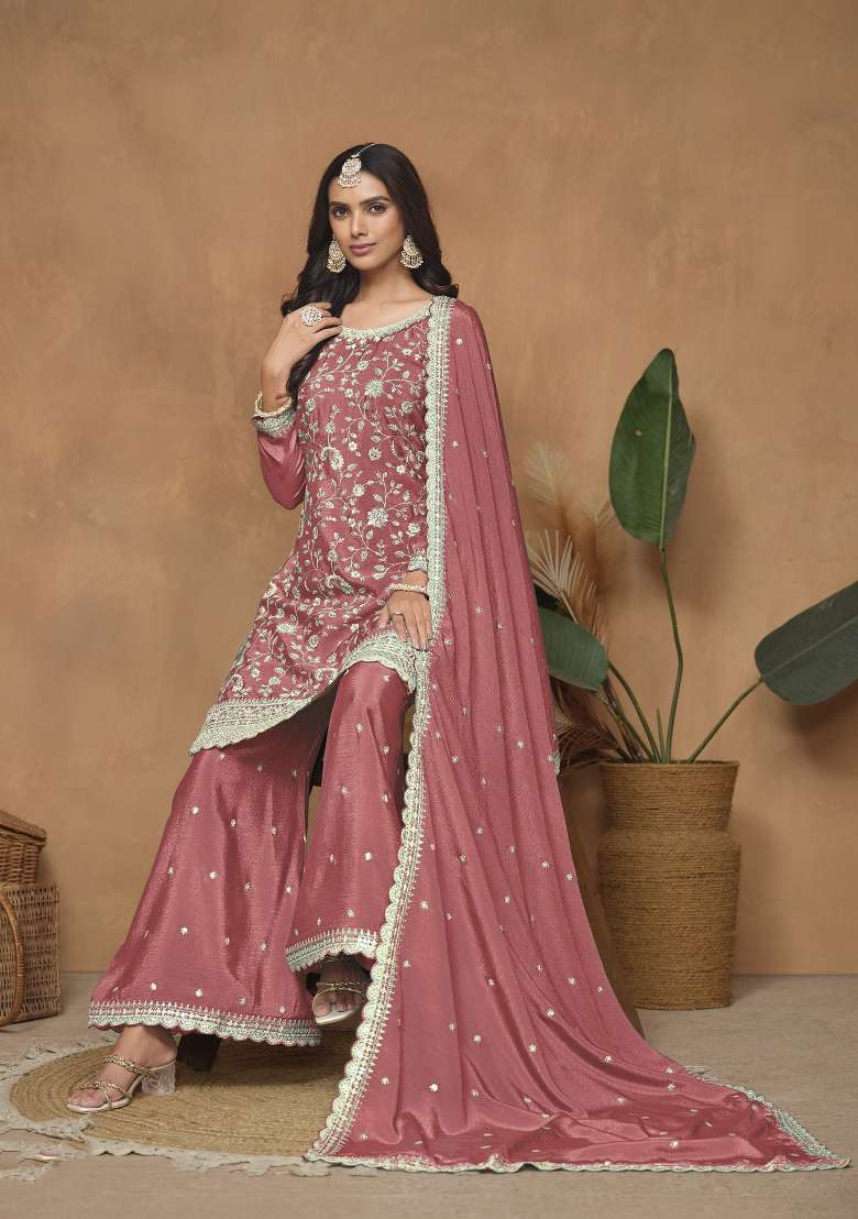 Peach Embroidered Silk Blend Salwar Kameez - Indya