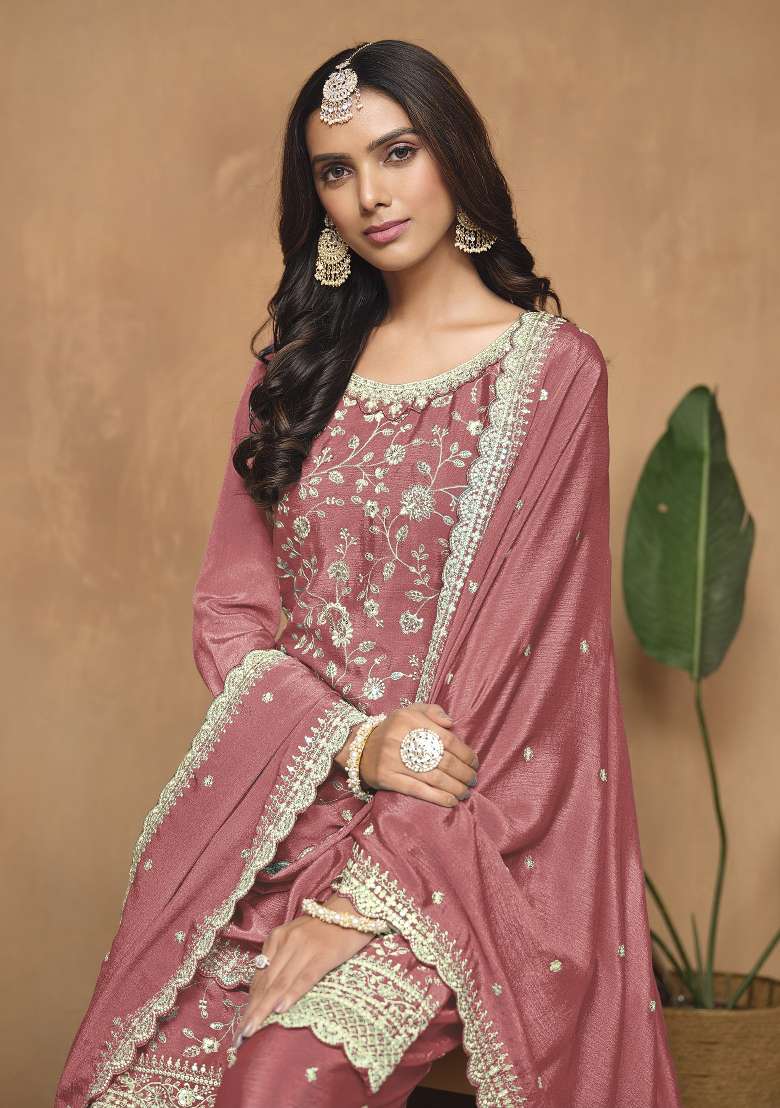 Peach Embroidered Silk Blend Salwar Kameez - Indya