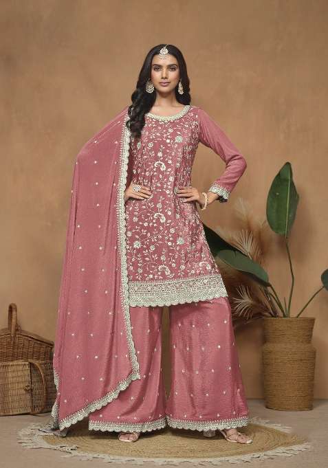 Peach Embroidered Silk Blend Salwar Kameez