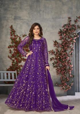 Purple Embroidered Net Anarkali Set